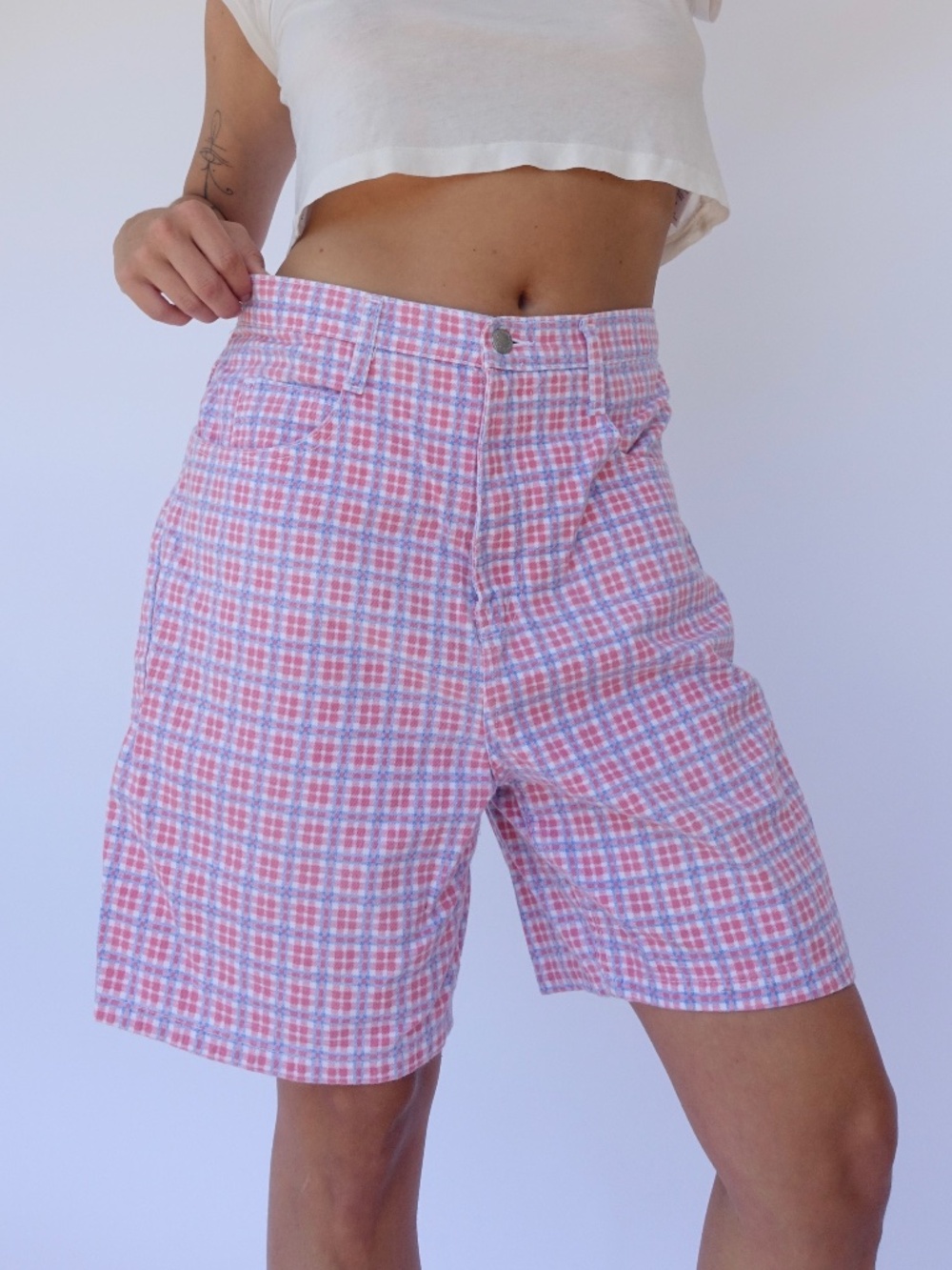 Vintage pink plaid cotton Bermuda shorts